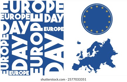 Europe Day Background with Map Silhouette and Europe Star Logo. Annual public holiday in May. It is the name of two annual commemorations,