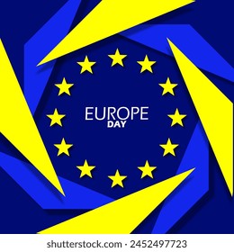 Europe Day event banner. United European flag with rotating stars on a blue background to commemorate on May 5th