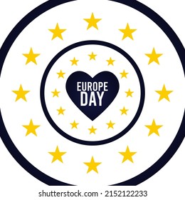 Día de Europa. 9 de mayo. Afiche o pancarta. Icono de corazón amarillo y estrellas sobre fondo azul.