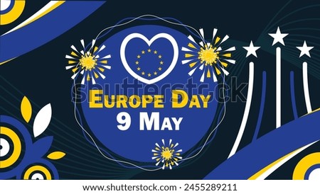 Europe Day  vector banner design with geometric shapes and vibrant colors on a horizontal background. Happy Europe Day modern minimal poster.