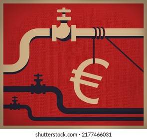 Europe dependence on natural gas and oil cause blackmail from neighbour government. Illustration in vintage placard style