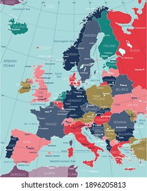 Europe detailed editable map with regions cities and towns, roads and railways. Vector EPS-10 file