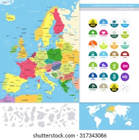 Europe detailed political map.Flat icon set.All elements are separated in editable layers clearly labeled. All layers are subscribed.