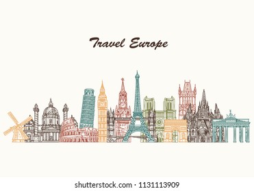 Europe detailed slyline. Travel and tourism background. Paris, London, Rome, Italy, Moscow, Istanbul, Prague, Vienna, Madrid famous monuments. Vector illustration