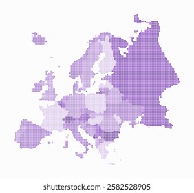 Europe dotted map. Digital style map of the continent on white background. Europe shape with square dots. Colored dots style. Small size squares. Awesome vector illustration.