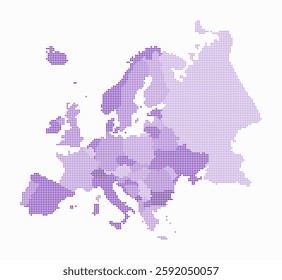 Europe dotted map. Digital style map of the continent on a white background. Europe shape with circle dots. Colored dots style. Small size circles. Plain vector illustration.