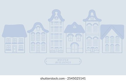 Europe Dutch style building and houses facade in winter minimal line hand drawn illustration element set collection. For decoration, concept proposal, design, postcard, banner, social media