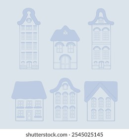 Europe Dutch style building and houses facade in winter minimal line hand drawn illustration element set collection. For decoration, concept proposal, design, postcard, banner, social media