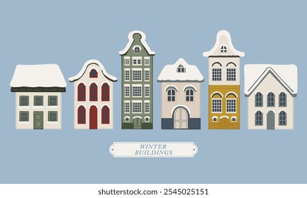 Europe Dutch style building and houses facade in winter hand drawn illustration collection elements. For decoration, concept proposal, design, postcard, banner, social media