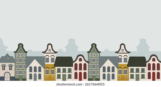Europe Dutch style building and houses facade hand drawn illustration collection template. Cityscape street view. For decoration, concept proposal, design, postcard, banner, social media