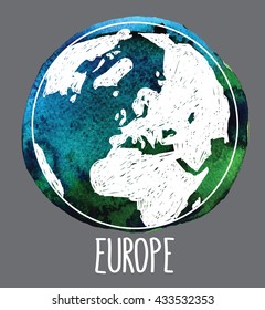 Europe. Earth and continents . Vector drawing on watercolor background staining.