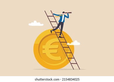 Europe economy forecast or vision, EU financial or economics recession ahead, look to see future concept, businessman investor climb up ladder on Euro money coin look on telescope for clear vision. svg