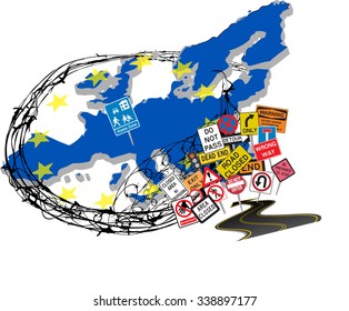 Europe (European Union) closing its borders due to migrant crisis. Vector illustration with barbed wire around Europe and stop road signs at the border.