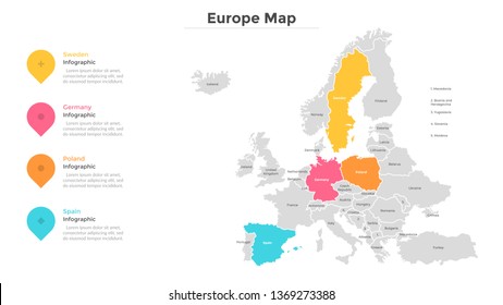 Europe Or European Union Map Divided Into States Or Countries With Modern Borders. Touristic Location Indication. Infographic Design Template. Vector Illustration For Presentation, Brochure, Website.