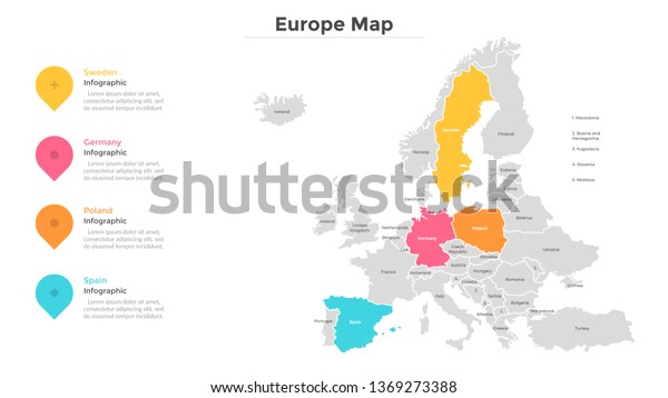 Europe or European Union map divided into states\
or countries with modern borders. Touristic location indication.\
Infographic design template. Vector illustration for presentation,\
brochure, website.