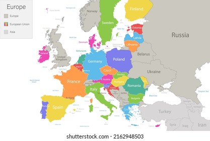Europe with European Union and parts of Asia, multicolored map isolated on white background vector