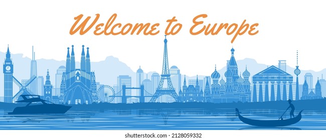 Europe famous landmark with blue and white color design,vector illustration