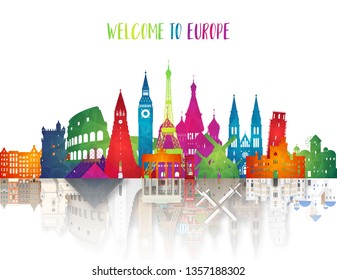 Europe famous Landmark low poly art.reflect in 3d paper europe landmark. Global Travel And Journey Infographic. Template.vector/illustration.Can be used for your banner, business, e