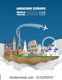 Europe Famous Landmark Paper Art. Global Travel And Journey Infographic. Vector Flat Design Template.vector/illustration.Can Be Used For Your Banner, Business, Education, Website Or Any Artwork.