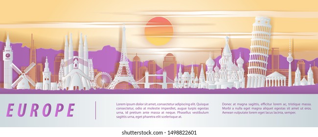 Europe famous landmark paper cut style with purple orange and white color design,vector illustration