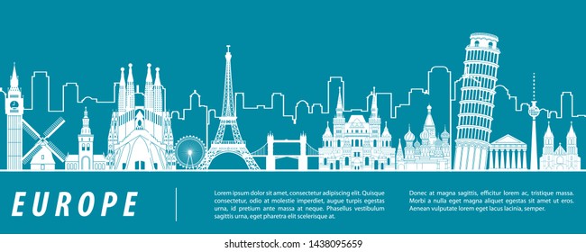 Europe famous landmark silhouette with blue green and white color design,vector illustration