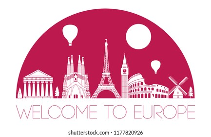 Europe famous landmark silhouette in half circle shape with red color style,travel and tourism,vector illustration