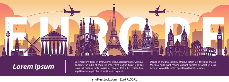 Europe famous landmark silhouette style,text within,travel and tourism,vector illustration,flag color design