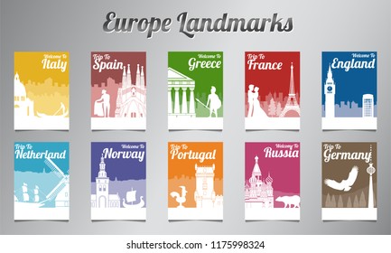 Europe famous landmark and symbol in silhouette style with multi color brochure set,vector illustration