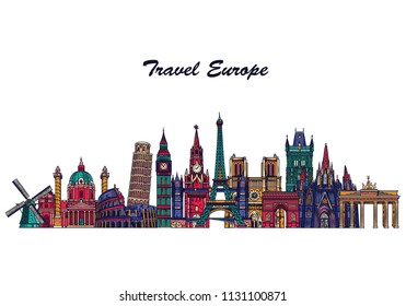 Europe Famous Landmarks Skyline Travel Tourism Stock Vector (Royalty ...