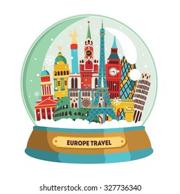 Europe Famous Monument In Snow Globe. Winter Travel Vector Illustration