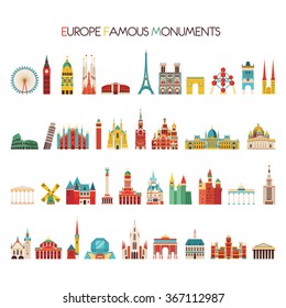 Europe Famous Monuments Set. Vector Illustration