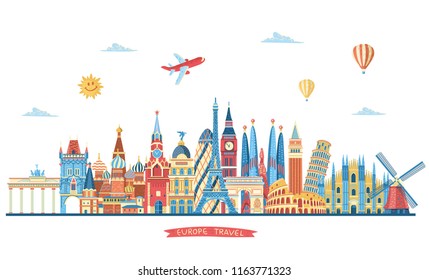 Europe Famous Monuments Skyline. Travel And Tourism Background. London, Paris, Moscow, Rome, Barcelona, Madrid, Milan Monuments. Vector Illustration