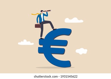 Europe financial visionary, economic forecast for European countries or investment and stock market concept, businessman investor standing on Euro currency sign using telescope to see market future.