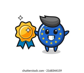 europe flag badge mascot illustration holding a golden badge , cute style design for t shirt, sticker, logo element