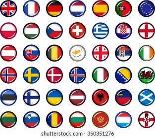 Europe Flag Button Set. Set of vector graphic glossy buttons representing flags of European countries.