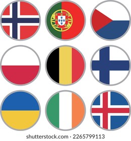 Europe flag icon vector material set,Norway,Portugal,Czech Republic,Poland,Belgium,Finland,Ukraine,Ireland,Iceland