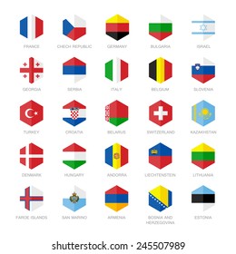 Europe Flag Icons. Hexagon Flat Design.