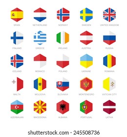 Europe Flag Icons. Hexagon Flat Design.