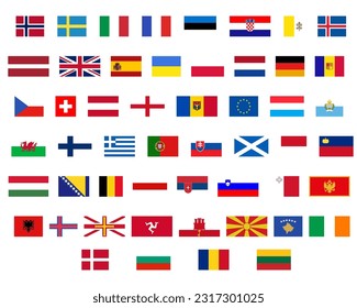 Juego de iconos de la bandera europea. Banderas originales de países europeos: Ucrania, Reino Unido, Alemania y otros. Elemento gráfico vectorial estándar. 52 símbolos