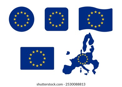 Conjunto de ilustração de bandeira europeia. Doze estrelas no sinal de fundo azul. Banner de vetor de forma de mapa redondo, quadrado, retângulo ondulado e união europeia.