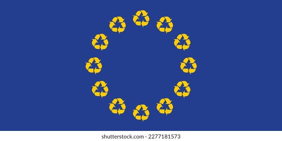 Europe flag and recycle icon. Recycling day, that encourages us to look at our waste in a different way. And to provide more insight into how our environment is disrupted by plastic.