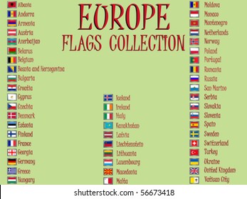 europe flags collection against green background, abstract vector art illustration