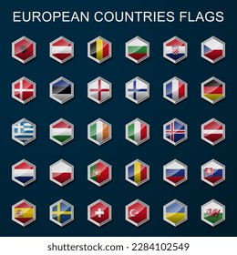 Europe Flags Hexagon buttons isolated. Flags of Europe countries. Vector.