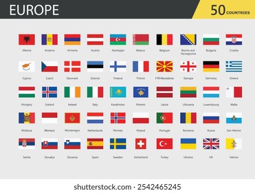 Europa Flaggen, Vektorgrafik. Nationalflaggensymbole, Abzeichen der europäischen Länder. EU-Flaggenstaat