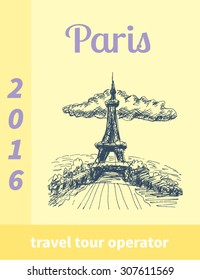 Europe france paris city landscape with eiffel tower poster, flyer or template with text, in sketch hand drawn style, for travel business advertising design. Vector