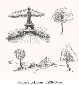 Europe france paris city landscape with eiffel tower and tree drawings set, in sketch hand drawn style, for architecture and travel business  design