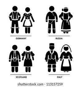 Europe - Germany Russia Scotland Italy Man Woman People National Traditional Costume Dress Clothing Icon Symbol Sign Pictogram