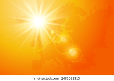 Europe heat wave. Abstract orange sun background with Europe map. Summer heat warning for Europe background 