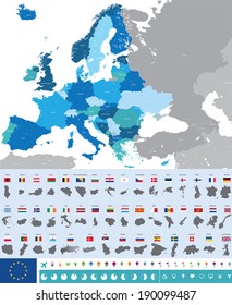 Europe high detailed map. European flags and country maps. Vector set