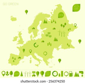 Europe high detailed map with set of info graphics ecology (eco) elements and icons, flat trendy vector illustration. Green world concept.